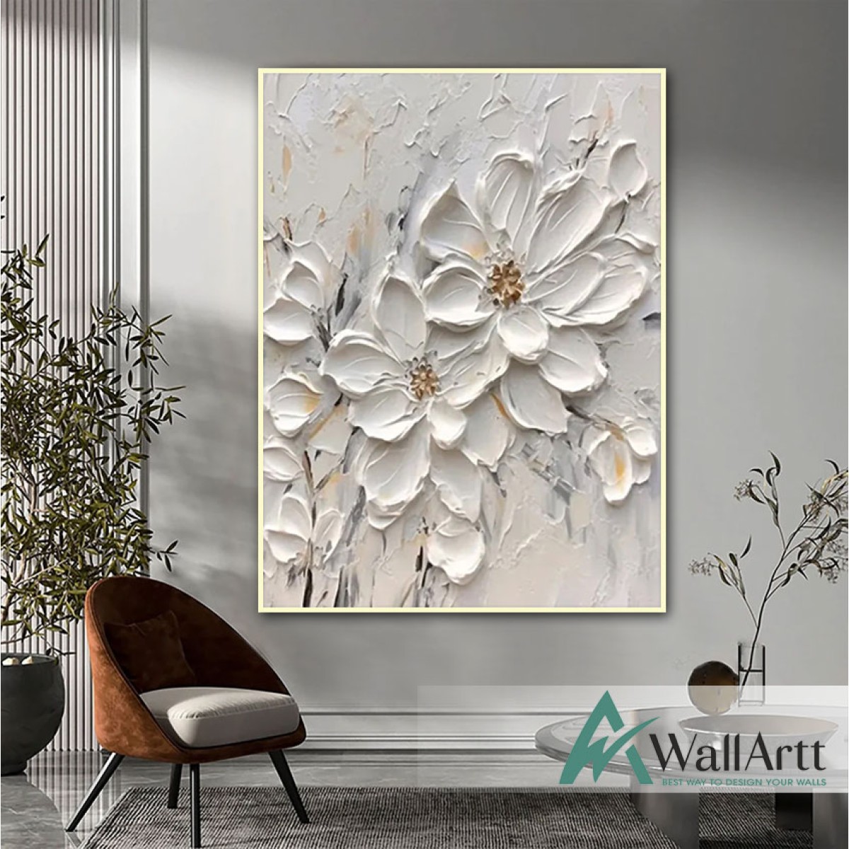 White Flowers 3d Heavy Textured Partial Oil Painting